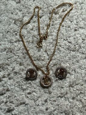LV Gold-Tone Crystal Pendant Necklace & Earrings Set